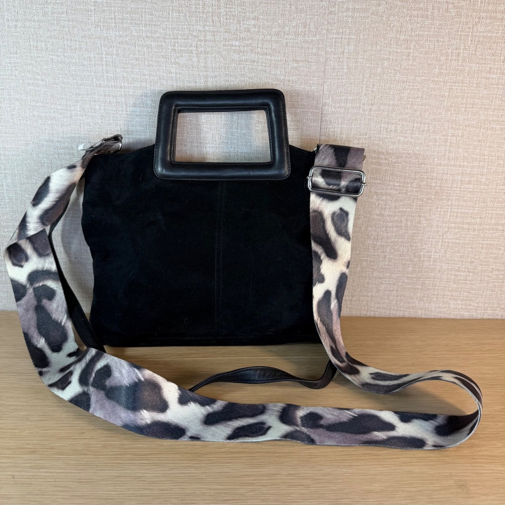 Lord & Taylor Black Suede Handbag Leopard Guitar Strap Square Handle Crossbody